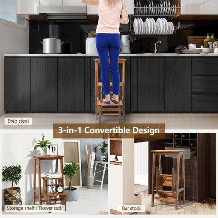 Costzon Folding Step Stool 3 Tier Wood Ladder, 3-in-1 Design with Ladder, Multifunction Pine Wood Foldable Ladder