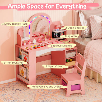 Costzon Wooden Kids Vanity Table and Chair Set with Lighted Mirror Bookshelf Jewelry Storage
