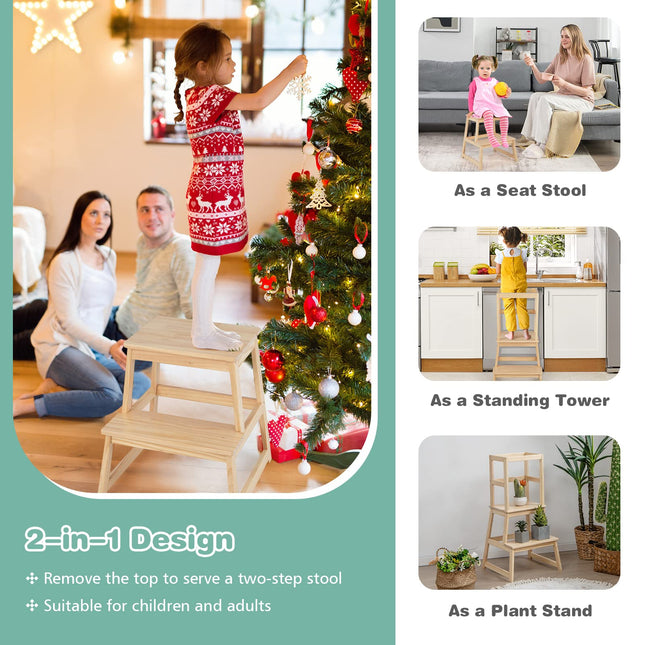 Costzon Kids Kitchen Step Stool with Safety Rail, 2 in 1 Solid Wood Montessori Learning Stool Standing Helper