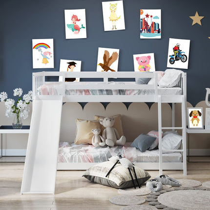 Costzon Twin Over Twin Bunk Bed Wooden Low Bunk Bed with Slide & Ladder