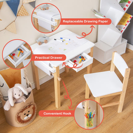 Costzon Kids Table and Chair Set, Kids Art Table with Paper Roll, Wooden Activity Table, Toddler Table and Chair Set