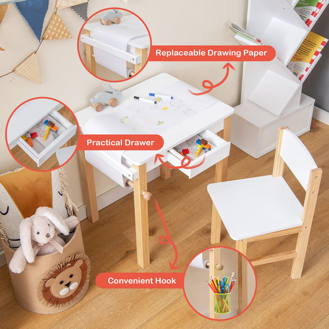 Costzon Kids Table and Chair Set, Kids Art Table with Paper Roll, Wooden Activity Table, Toddler Table and Chair Set