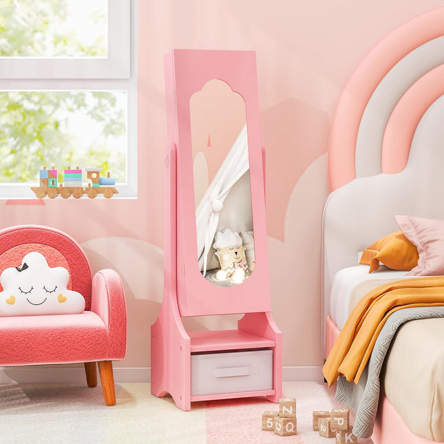 Costzon Kids Jewelry Armoire Cabinet, 41.5” Standing Jewelry Organizer with Full-Length Mirror