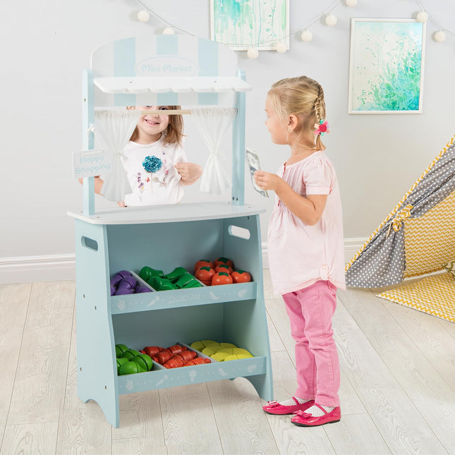 Costzon Kids Wooden Grocery Store Set, Pretend Farmer’s Market Stand w/ 36 Cutting Vegetables & Fruits