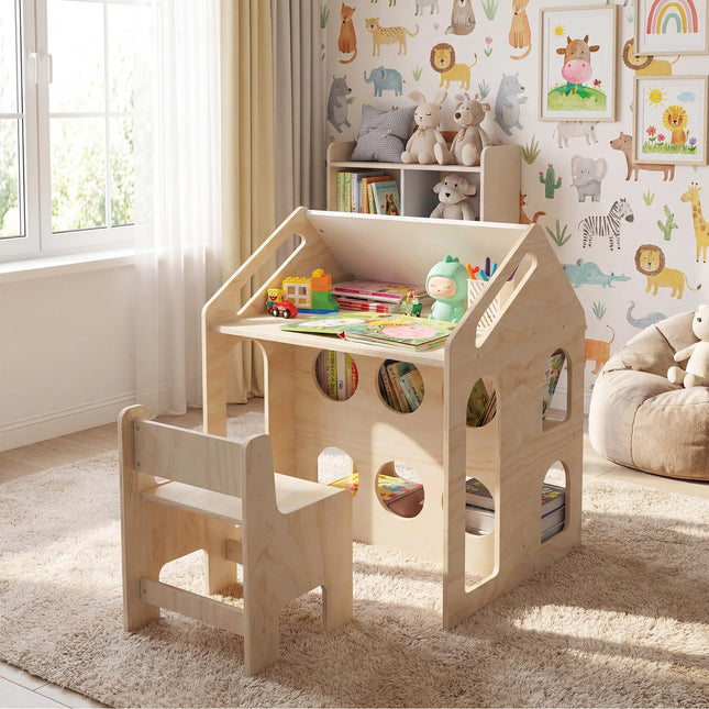 Costzon Kids Table and Chair House-Shaped Wooden Art Desk Set