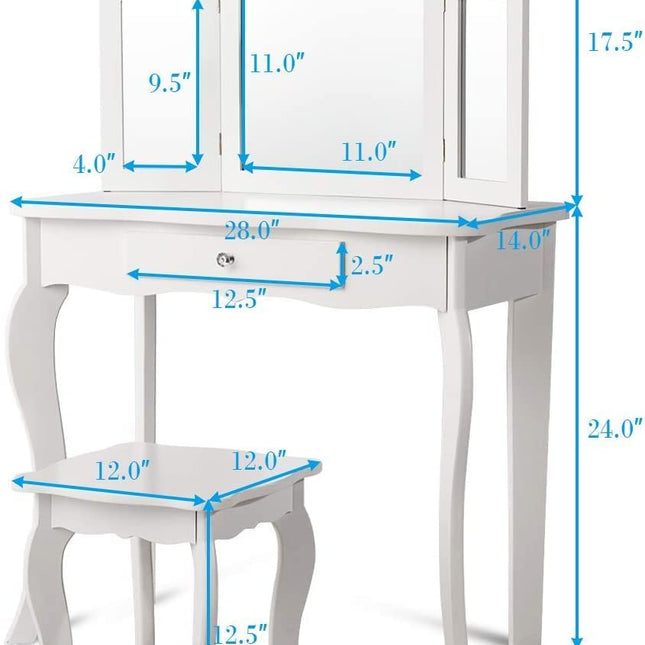 Costzon Kids Wooden Vanity Table & Stool Set with Two 180° Folding Mirror