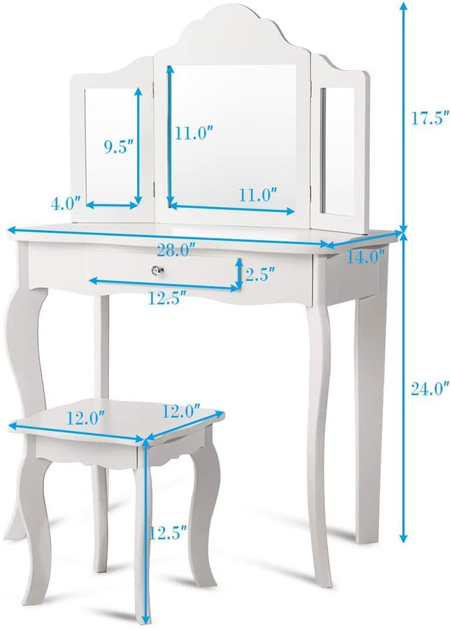 Costzon Kids Wooden Vanity Table & Stool Set with Two 180° Folding Mirror
