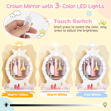 Costzon Kids Vanity, Girls Vanity Set with Mirror and Stool and Lights, Drawer, Pretend Play Kids Vanity Table and Chair Set