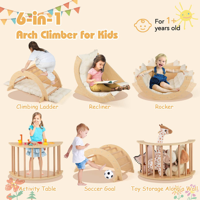 Costzon Kids Wooden Arch Rocker with Cushion, 6-in-1 Montessori Climbing Toys for Toddlers, Children Indoor Sensory Table