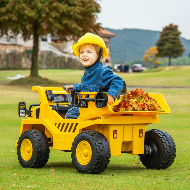 Costzon Kids Ride on Dump Truck, 12V Electric Vehicle W/2.4G Remote Control, Working Megaphone