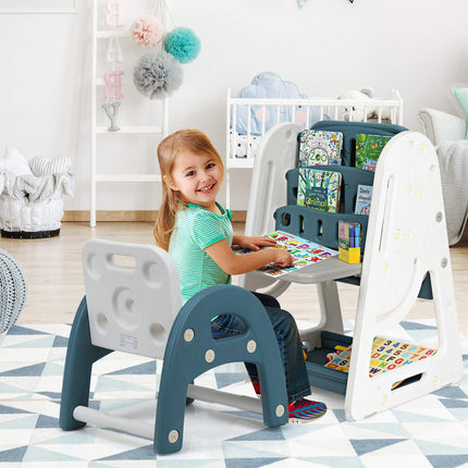 Costzon Kids Art Easel with Stool, 2 in 1 Double-Sided Magnetic Dry Erase Board and Kids Book Rack with Foldable Desktop