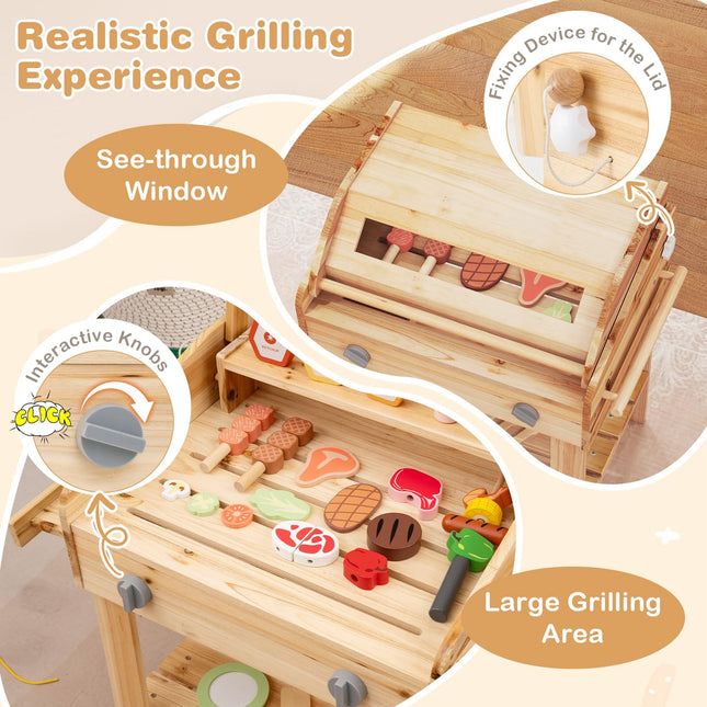 Costzon Kids Grill Playset with Wheels, Wooden Kids BBQ Grill Playset with Play Food（With Wheels）