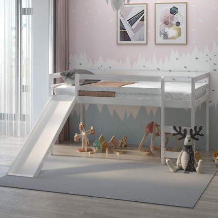 Costzon Twin Loft Bunk Bed with Slide, Built-in Ladder and Guard Rail, Kids Solid Wood Low Bunk Bed Frame
