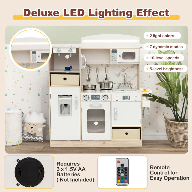 Costzon Kids Kitchen Playset, Wooden Little Chef Pretend Play Kitchen with Deluxe LED Lights