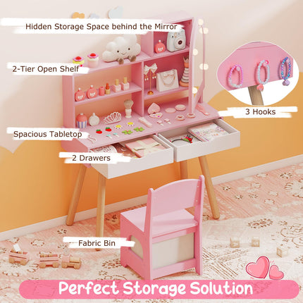 Costzon Kids Vanity with Lights Wooden Kids Vanity Table and Chair Set
