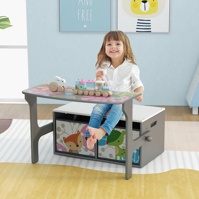 Costzon Kids Table and Chair Set, Convertible Toy Storage Bench with 2 Removable Fabric Bins