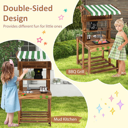 Double Sided Outdoor Play Kitchen and Barbecue Grill Playset with Canopy