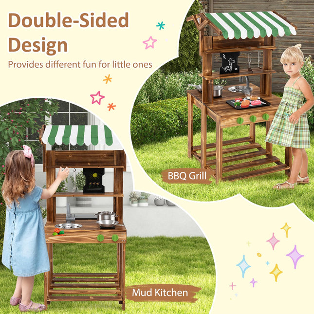 Double Sided Outdoor Play Kitchen and Barbecue Grill Playset with Canopy