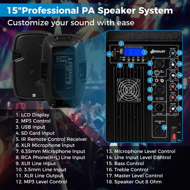 Costzon Portable 3000W 2-Way Powered PA Speaker System, 15'' Professional High Powered Bluetooth Active + Passive Party Speakers
