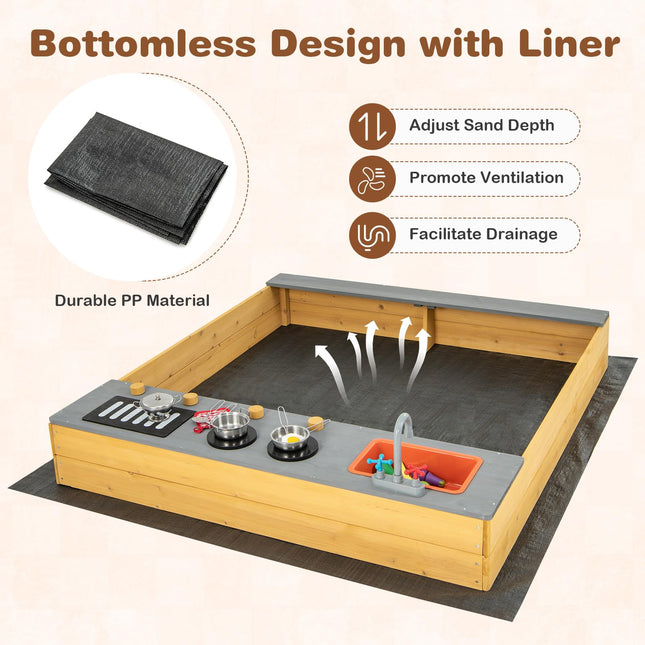 Costzon Kids Sandbox, Wooden Sand Pit w/Kitchen Playset Accessories, Water Faucet