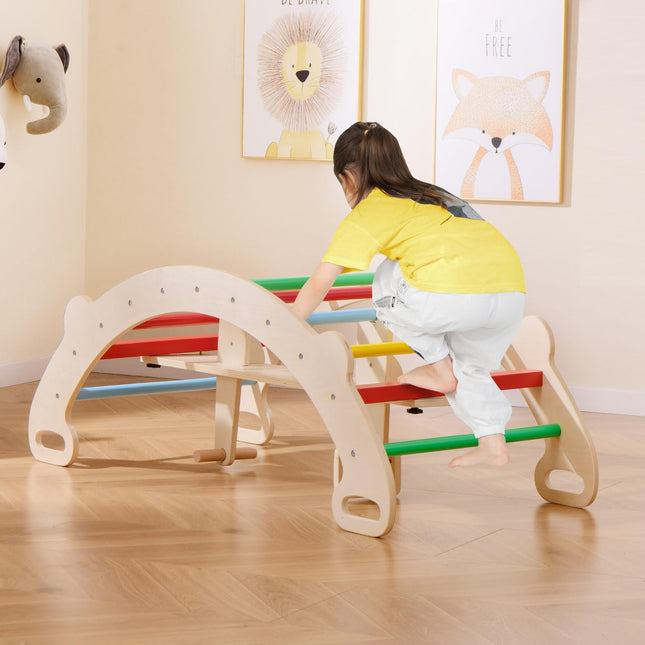 Costzon Wooden Rocking Toys for Toddlers, 4-in-1 Montessori Wooden Arch Climber Ladder Structure