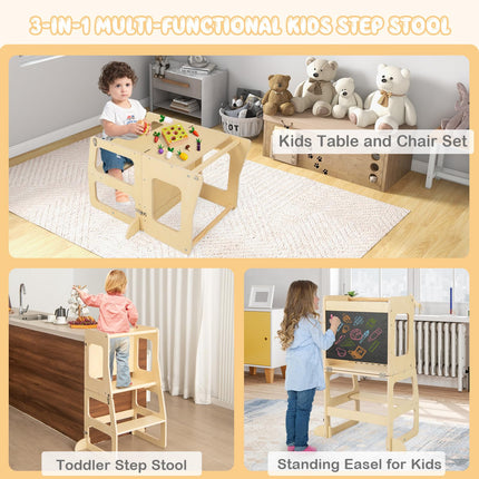Costzon 3 in 1 Toddler Tower, Kids Kitchen Step Stool with Chalkboard, Foldable Kids Table and Chair Set