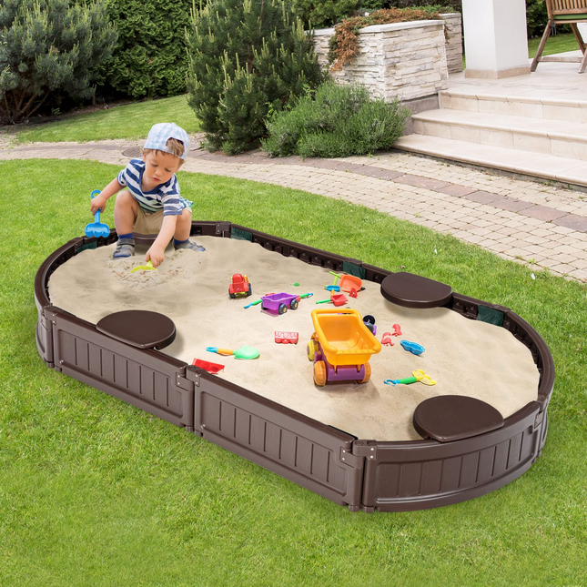 Costzon Elliptical Sandbox & Round Outdoor Sand Box Kit w/Waterproof Cover, Bottom Liner & Built-in Corner Seating