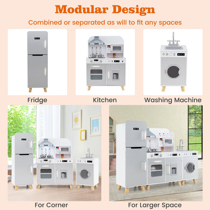 Costzon 3-Piece Play Kitchen for Kids, Wooden Toy Kitchen Set with Refrigerator
