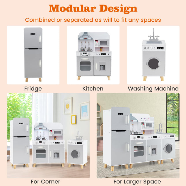 Costzon 3-Piece Play Kitchen for Kids, Wooden Toy Kitchen Set with Refrigerator
