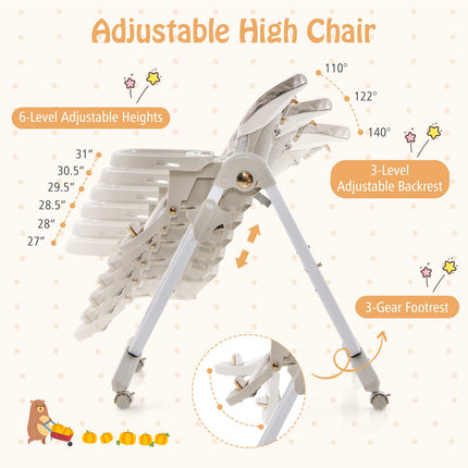 BABY JOY High Chair, Foldable Baby High Chair with Adjustable Height, Portable High Chair with Wheels