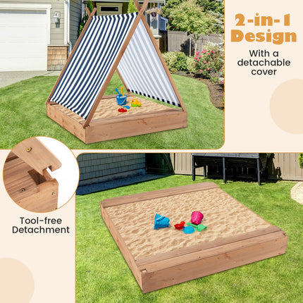 Costzon Kids Sandbox with Canopy, 49" x 48" Large Wooden Sand Box w/ 2 Bench Seats