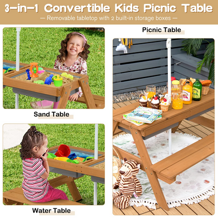 Costzon Kids Picnic Table, 3 in 1 Sand & Water Table w/Height Adjustable Umbrella, Removable Tabletop