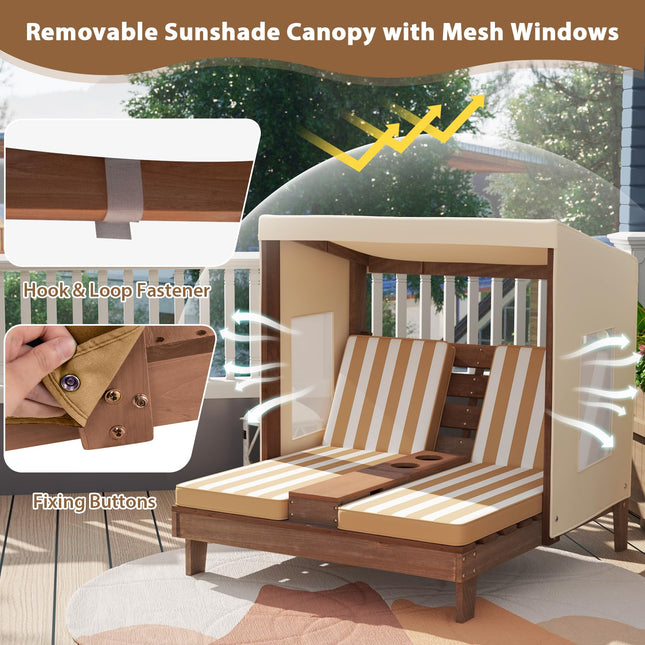 Costzon Kids Lounge Chair Outdoor, Wood Double Seat Chaise Lounge with Canopy, Cup Holders