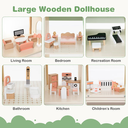 Costzon Wooden Dollhouse for Kids, 3-Story Luxury Doll House with 36 Pieces Furniture Accessories