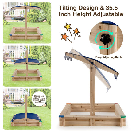 Costzon Kids Wooden Sandbox with Canopy, Square Cabana Sandbox with Ground Liner