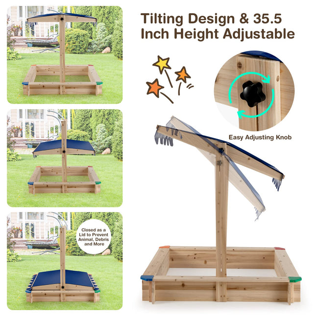Costzon Kids Wooden Sandbox with Canopy, Square Cabana Sandbox with Ground Liner