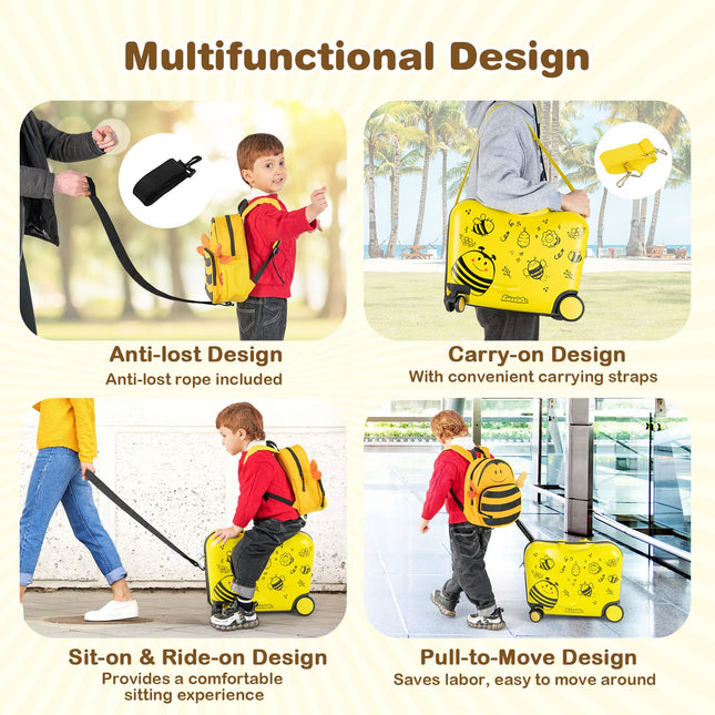 Costzon 2PC Kids Luggage Set, 3 in 1 Toddler 18" Ride-on & Carry-on Hardshell Suitcase with Wheels