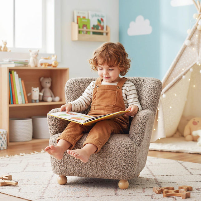 Comfy Kids Chair w/Solid Wooden Frame & Sherpa Fabric