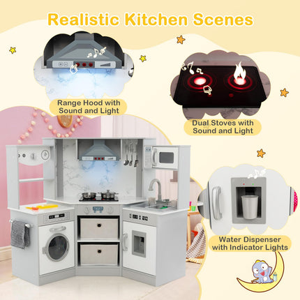 Costzon Kids Corner Kitchen Playset, Wooden Play Kitchen, Little Chef Pretend Cooking Toy for Toddlers 3+