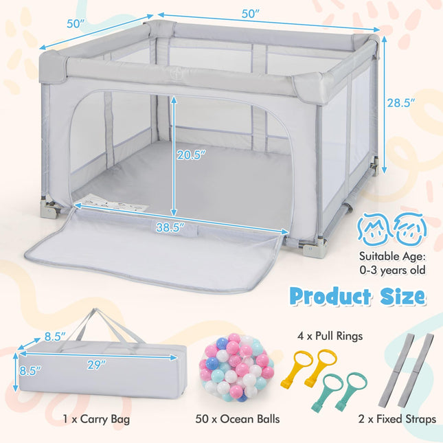 Costzon Foldable Playpen for Babies, 50''x50''/59''x59''