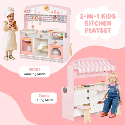 Costzon Double-Sided Play Kitchen & Restaurant Toy Set, 2 in 1 Wooden Pretend Diner Set