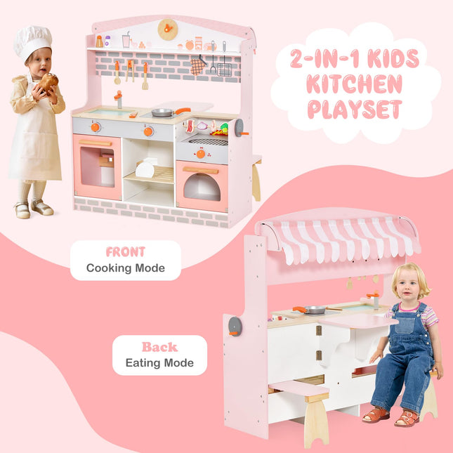 Costzon Double-Sided Play Kitchen & Restaurant Toy Set, 2 in 1 Wooden Pretend Diner Set
