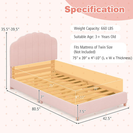 Costzon Twin Bed Frames with Adjustable Headboard, Upholstered Wooden Kids Bed w/Slats Support (Pink Shell)