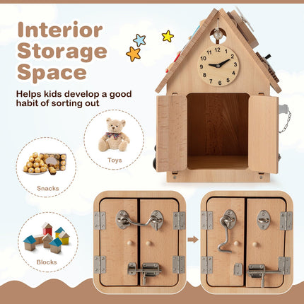 Costzon Montessori Busy House Toy, Wooden Multi-Purpose Play House, Educational Learning Toy for Boys & Girls