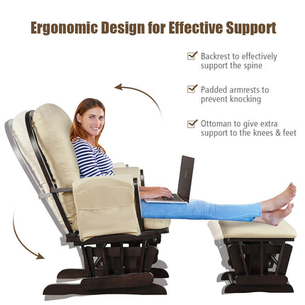 Costzon Nursery Glider with Ottoman, Upholstered Comfort Glider Rocker with Padded Cushion (Beige)