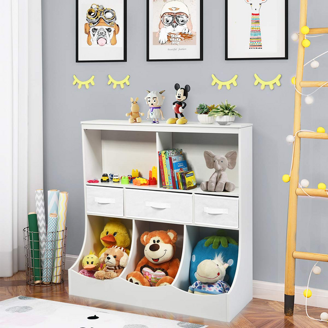 Costzon 3-Tier Kids Bookcase Toddler Storage Organizer Cabinet Shelf w/ 8 Compartment Box and 3 Removable Drawers for Children