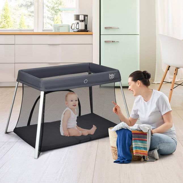BABY JOY Baby Foldable Travel Crib, 2 in 1 Portable Playpen with Soft Washable Mattress, Side Zipper Design
