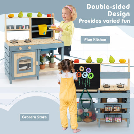 Costzon 2 in 1 Mud Kitchen, Fir Wood Outdoor Play Kitchen & Grocery Store w/Removable Sink