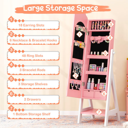 Costzon Kids Jewelry Armoire Cabinet, Standing Jewelry Organizer with Full-Length Mirror