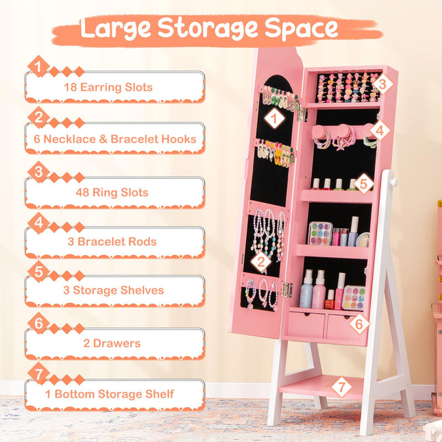 Costzon Kids Jewelry Armoire Cabinet, Standing Jewelry Organizer with Full-Length Mirror